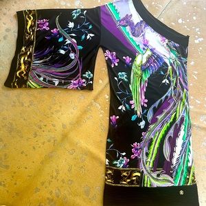 DRAMATIC ROBERTO CAVALLI ONE SHOULDER KIMONO SLEEVE SHORT DRESS